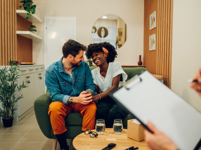 Diverse couple on a therapy session in a psychologist office